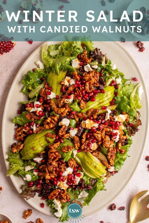 Festive Winter Salad with Candied Walnuts - The Schmidty Wife Candied Walnuts For Salad, Spicy Walnuts, Candied Walnut Recipe, Pomegranate Recipes, Walnut Recipes, Walnut Salad, Winter Salad, Dinner Plan, Pomegranate Seeds