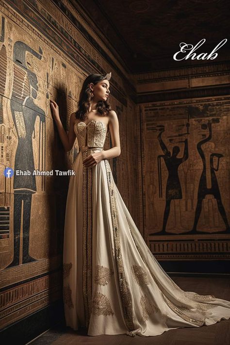 Egyptian Ball Gown, Egyptian Traditional Dress, Ancient Egyptian Wedding Dress, Egypt Dress Fashion, Egypt Wedding Dress, Egyptian Dress Ancient, Egyptian Dress Goddesses, Egyptian Wedding Dress, Egyptian Goddess Dress