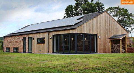 A new build dwelling on the former site of an Equestrian Barn. This building is simplistic in form, with a palette of materials which reflects the agricultural buildings in the local area. Barn Extension, Barn House Architecture, Agricultural Architecture, Barn To Home Conversion, Modern Barn Conversion, Barn Conversions, Small Barn Conversion, Contemporary Barn Uk, House Exterior Cladding