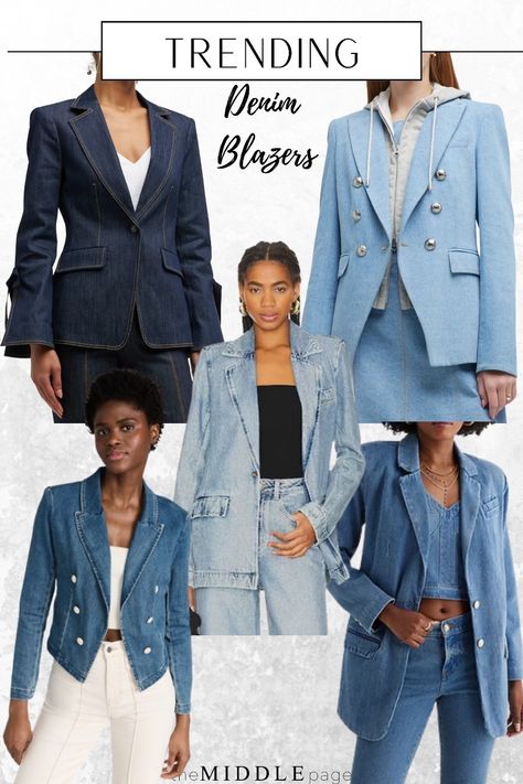 Blue Jean Blazer Outfit, Dark Denim Blazer Outfit, Blue Denim Blazer Outfit, Denim Blazer Outfits For Women, Denim Tuxedo Women, Blue Jean Blazer Outfits For Women, Trendy Denim Blazer, Jean Blazer Outfits For Women, Denim Suit Women