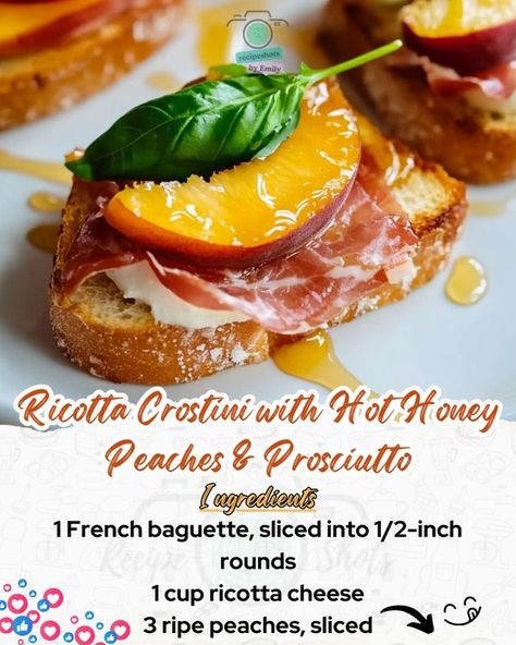 Tasty Treasures: Recipes & More | This Ricotta Crostini with Hot Honey Peaches & Prosciutto is the perfect blend of sweet and savory | Facebook Ricotta Hot Honey, Peaches Prosciutto, Ricotta Crostini, French Baguette, Spicy Honey, Hot Honey, Sweet And Savory, Ricotta Cheese, Peaches