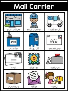 Mail Carrier Community Helper Writing Center Word ListThese picture cards help students to visualize and comprehend new vocabulary.These cards come in both color and black and white. Mail Man Craft, Mail Preschool Activities, Police Officer Crafts For Toddlers, Mail Carrier Preschool Activities, Preschool Mail Carrier Activities, Community Helpers Preschool Crafts Mail Carrier, Mail Carrier Preschool, Mailman Crafts, Community Helpers File Folder Games