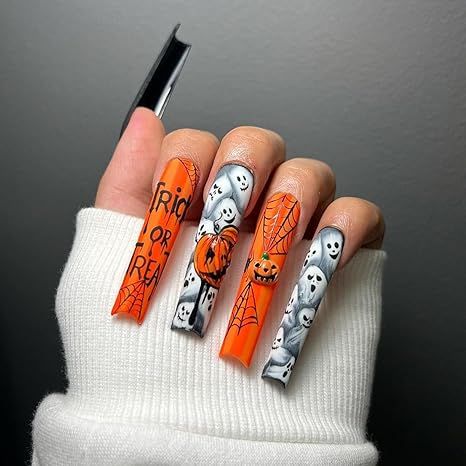 Halloween Fest, Halloween Press On Nails, Long Press On Nails, Pumpkin Nails, Nagel Tips, Nail Forms, Halloween Nail Designs, Halloween Nail, Halloween Nail Art