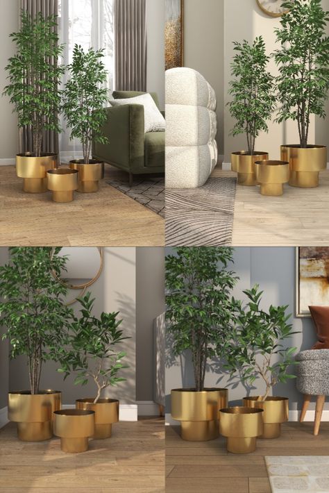 Indulge in the glamorous luxury of plush textures, dazzling details, and sleek finishes to elevate your home and add a sophisticated flair with these gold metal planters. Visit: http://www.lowes.com/search?searchTerm=4962834 #planter #outdoorplanter #indoorplanter #goldplanter #metalplanter #planterset #glamplanter #glamstyle #gardenplanter #balconyplanter #homedesign #homedecor #interiordesign #lowes #lowesstyle #foundinlowes #buyitatlowes Gold Planter Pots, Gold Planter, Balcony Planters, Indoor Outdoor Planter, Outdoor Planter, Metal Planters, Outdoor Planters, Glam Fashion, Indoor Planters