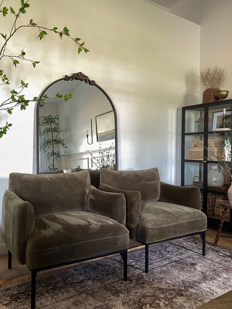 Velvet Chair And Ottoman, Green Sofa With Accent Chairs, Penn Chair West Elm Living Room, West Elm Penn Chair Olive, Comfortable Sitting Room Ideas, Two Arm Chairs In Living Room, Chair Beside Fireplace, Accent Chairs Fireplace, Green Accent Chairs Living Room