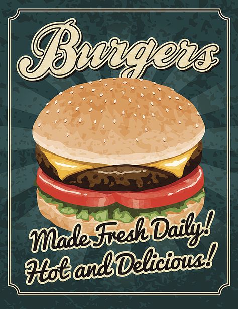 Vintage Food Posters, Restaurant Vintage, Restaurant Themes, Burger Places, Cafe Kitchen, Diner Recipes, Food Menu Design, Retro Diner, Burger Bar