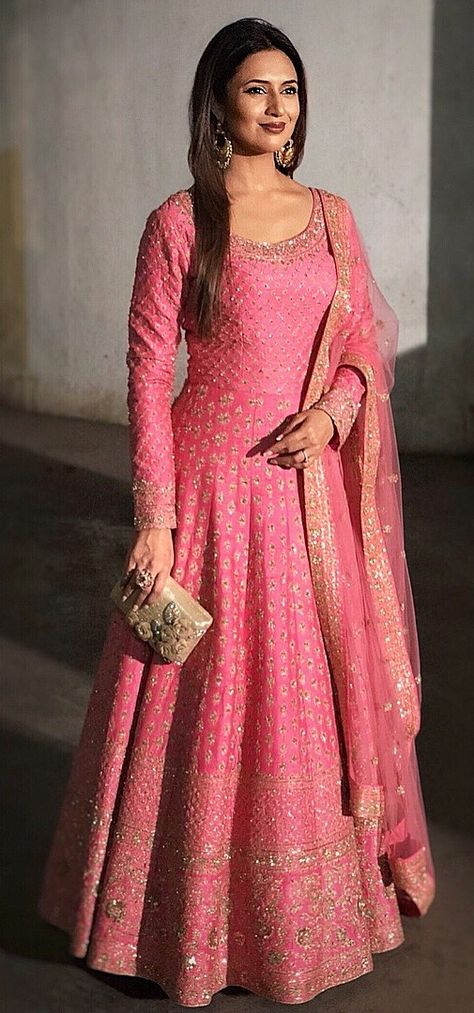 Beautiful Gorgeous Divyanka  Mam Pink Anarkali Gown, Anarkali Outfit, Anarkali Design, Pink Anarkali Suits, Silk Dress Design, Silk Anarkali Suits, Pink Anarkali, Designer Anarkali Dresses, Silk Anarkali