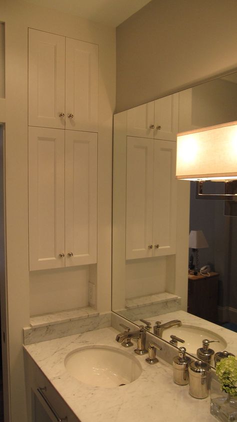 Bathroom Cabinet Built Into Wall, Inset Bathroom Mirror, Built In Wall Cabinets Bathroom, Inset Bathroom Mirror Medicine Cabinets, Standard Bathroom Cabinet Sizes, Master Bath Built In Storage, Bathroom With Medicine Cabinet On Side Wall, Bathroom Vanity With Side Storage, Bathroom Above Sink Storage