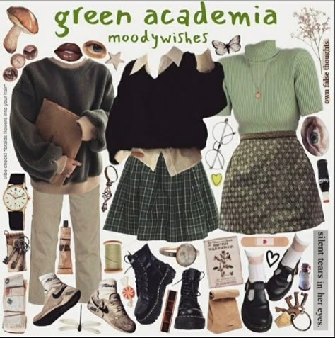 Outfit Ideas England, Transfemme Fashion Tips, Preppy Vintage Outfits, Witchcore Outfit Male, Library Chic Outfits, Green Academia Aesthetic Outfit, Green Academia Outfit, Soft Academia Aesthetic Outfits, Chaotic Academia Aesthetic Outfit