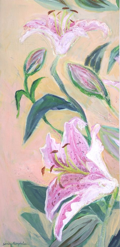 Acrylic Painting Bright Colors, Flowers Mural Painting, Simple Acrylic Painting Ideas For Beginners, Room Painting Ideas Canvas, Stargazer Lily Painting, Painted Flowers Acrylic, Canvas Painting Collage, Lily Painting Acrylic, Art Inspo Painting