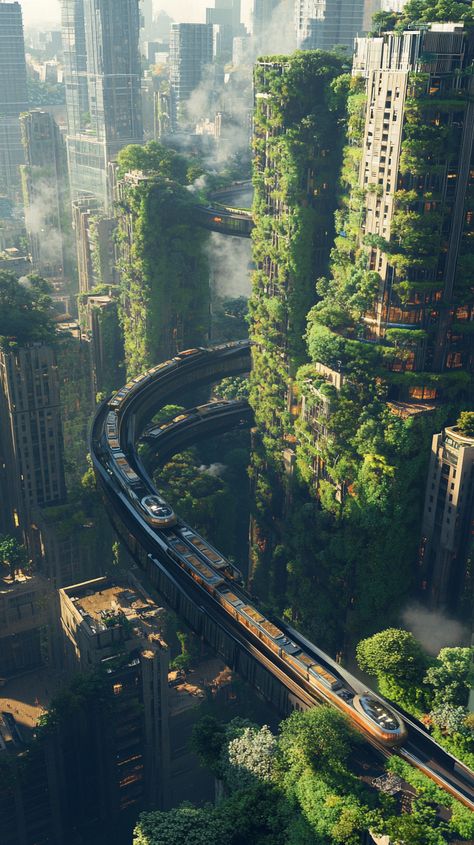 Futuristic Monorail, Medieval Places, Culture Building, Steampunk Medieval, Futuristic Cities, Solar Punk, Futuristic Cityscape, Nature And Technology, Airport Design