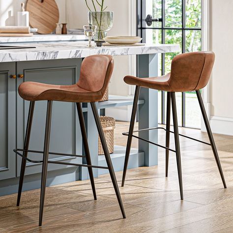 Set of 2 33.9 Inch Modern Brown Counter Height Bar Stools, Upholstered Saddle Leather Bar Stool with Backrest for Kitchen Island Modern Farmhouse Barstools, Brown Leather Bar Stools, Modern Bar Stools Kitchen, Kitchen Counter Chairs, Chairs For Kitchen Island, Small Bars For Home, Traditional Bar Stool, Lake Kitchen, Home Bar Setup