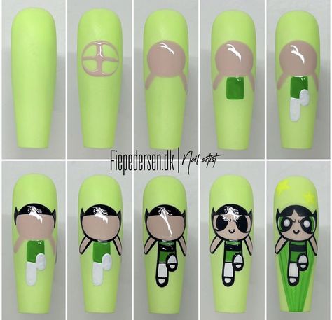 Beginner Character Nail Art, Cartoon Character Nails Step By Step, Nail Canvas Art, Anime Nail Art Step By Step, Buttercup Nail Art, Nail Art Character Step By Step Designs, Character Art On Nails, Nail Art Characters Step By Step, Step By Step Character Nail Art