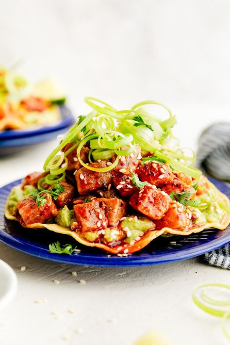 Ahi Tuna Tostada, Spicy Ahi Tuna, Tuna Tostadas, Tostada Shells, Ahi Tuna Recipe, Tuna Dinners, Tuna Tacos, Ahi Tuna Poke, Tuna Ceviche