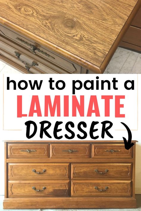 How To Refinish Laminate Furniture, How To Paint Over Laminate Furniture, Refinishing Particle Board Furniture, How To Paint Veneer Furniture, Refinish Old Dresser, How To Paint A Dresser, How To Paint Laminate Furniture, Laminate Dresser Makeover, Painting Laminate Dresser