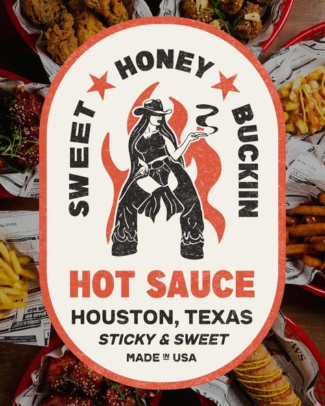 Day 3 of creating brands inspired by @beyonce new album #cowboycarter today it had to be sweet honey buckiin as a hot sauce 🔥🔥 #cowboy #packaging #design #brand #branding #design #hotsauce #beyoncé #jolene #illustration #illustrationartists #graphicdesign Hot Sauce Label Design, Western Packaging, Hot Sauce Branding, Cowboy Branding, Hot Sauce Design, Sauce Advertisement, Beyonce New Album, Hot Sauce Packaging, Cowboy Food