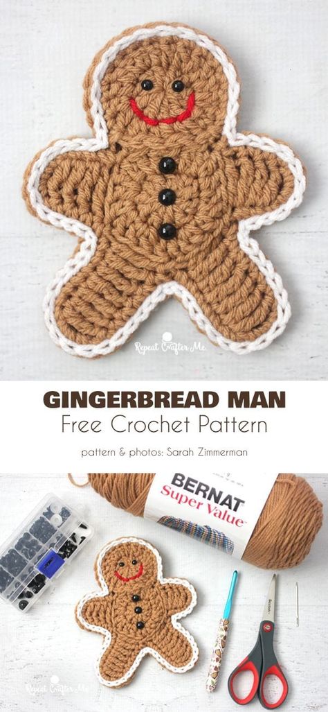 Gingerbread Ornament Free Crochet Patterns - Your Crochet Easy Crochet Gingerbread Man, Flat Crochet Ornaments, Mini Crochet Gingerbread Man, Christmas Crochet Gingerbread Man, Crocheted Gingerbread Man, Crochet Christmas Cookies Free Pattern, Crochet Mini Gingerbread Man, Crochet Christmas Ornaments Free Patterns Easy, Crochet Gingerbread Man Garland