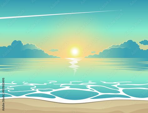 Summer background, vector illustration of the evening beach at sunset with waves, clouds and a plane flying in the sky, seaside view poster Stock Vector | Adobe Stock Beach Scene Illustration, Beach Landscape Illustration, Summer Vector Illustrations, Beach Background Drawing, Beach Cartoon Background, Illustration Art Beach, Beach Illustration Design, Beach Sunset Illustration, Beach Illustration Art