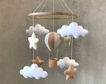 Neutral Nursery Rooms, Boho Mobile, Balloon Mobile, Balloon Clouds, Cloud Mobile, Star Mobile, Nursery Decor Neutral, Felt Mobile, Minimalist Baby