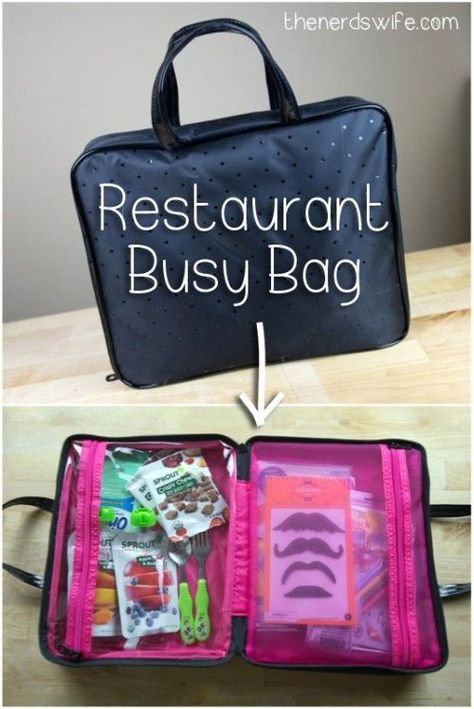 Restaurant Busy Bag -- everything you need to keep kids happy and not hungry when eating out. Restaurant Busy Bag, Travel Busy Bags, Toddler Busy Bags, Kids Travel Activities, Not Hungry, Activity Bags, Busy Boxes, Kid Hacks, Busy Bags