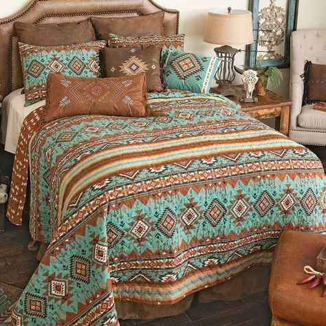 Rio Turquoise Quilt Set - Full/Queen - CLEARANCE Western Bedspreads, Western Comforters, Western Comforter Sets, Western Bedding Sets, Turquoise Quilt, Western Bedding, How To Clean Pillows, Western Furniture, Southwest Decor