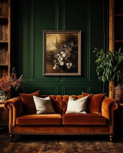 Chesterfield Ottoman Living Room, Green Walls Leather Couch, Green And Brick Living Room, Green Chesterfield Sofa Living Rooms, Green And Leather Living Room, Green Ottoman Living Room, Green Leather Couch Living Room, Leather Chesterfield Sofa Living Room, Leather Ottoman Living Room