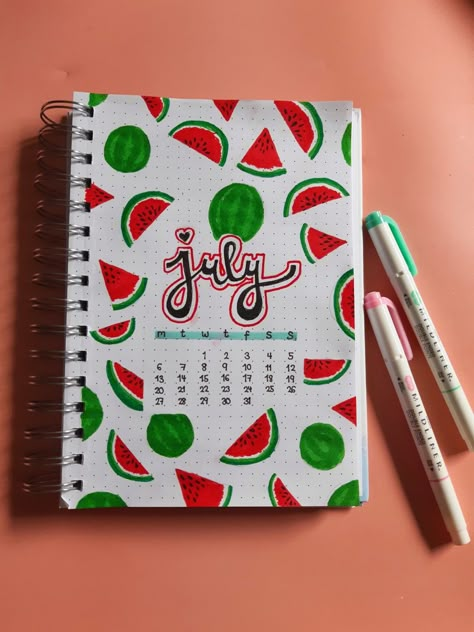 Watermelon Journal Ideas, Doodling Journal Ideas, July Bujo Ideas, July Bulletin Journal Ideas, Watermelon Bujo Theme, Journal Ideas July, July Drawing Ideas, Journal Ideas For July, July Journal Ideas