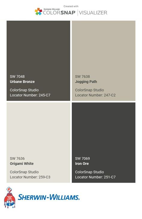 Darker Trim Colors Interior, Bm Flint Paint, Exterior Paint Schemes Modern, Urban Bronze Front Door And Shutters, Dark House Color Palette, Sw Urban Bronze Color Palette, Urbane Bronze Color Pallet, Urban Bronze Trim Exterior Colors, Sherwin Williams Exterior Paint Combos