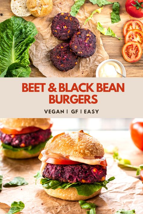 Black Bean Beet Burger, Beet Burgers Recipe, Beet Burgers Vegan, Vegan Rissoles, Vegan Beet Burger, Beet Burger Recipe, Easy Veggie Burger, Beet Burgers, Vegan Bean Burger