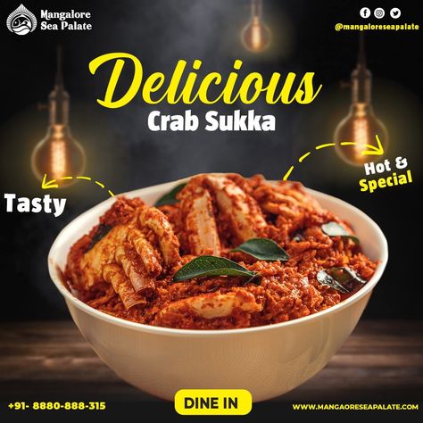 Crab Sukka, a traditional Mangalorean dish made with fresh crabs cooked in spicy coconut-based gravy. This dish is a speciality of the coastal region in Mangalore and is often enjoyed with steamed rice. Perfect for a seafood lover, this dish is sure to tantalize your taste buds with its rich and flavorful spices.
-
Try our Crab Sukka today and let us know what you think!"
-
Dine in or 
-
Visit www.mangaloreseapalate.com for menu or order online with Zomato, Swiggy 🍗🍲🥗🥙🍖 and Amazon eats. Crab Sukka, Mangalore, Steamed Rice, Dine In, Sea Food, Taste Buds, What You Think, Gravy, Order Online