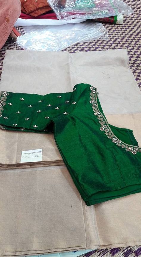 kora silk cotton with dupion designer blouse - Tanvika Saree - 9047090885 | Unique blouse designs, Green blouse designs, Blouse designs Simple Blouse Work Designs For Silk Sarees, Silk Saree Blouse Embroidery Designs Simple, Silk Cotton Sarees Blouse Designs, Green Blouse Simple Work Designs, Cotton Blouse Embroidery Designs, Work On Silk Blouses, Embroidery Blouse Designs For Silk Saree, Silk Saree Blouse Designs With Work, Designer Blouse Work Designs