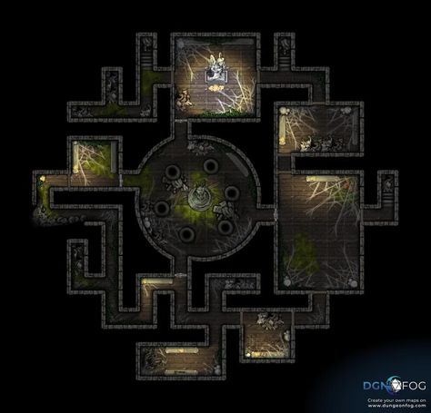 Download this map for free or create your on on dungeonfog.com. ⚔️ - #dungeon #rpg #ttrpg #battlemap #map #dnd #dnd5e #roleplay - An underground temple infested with spiders, covered in moss with a central room with a statue. Perfect for a one shot, with claustrophobic corridors and large rooms for a variety of different encounters. ------------------- If you enjoyed this map then don't forget to hit the ❤️ button above! Want to see more of my maps? Hit my name above (@Jonny) to s... Temple Layout, Underground Temple, Dungeon Rpg, Ancient Treasure, Brain Booster, My Maps, Data Processing, One Shot, Web Font