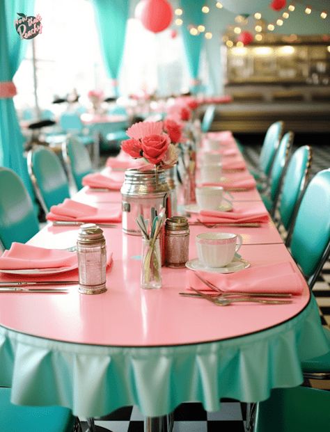 Sock Hop Party Ideas For Adults | Diner 1950s Parties Inspo | Now thats Peachy 50s Dinner Party Aesthetic, 50s Backdrop Ideas, 50s Bridal Shower Ideas, 50s Bachelorette Party, 1950s Birthday Party Theme, 50s Themed Party Ideas, 50s Diner Party, 50’s Theme Party, Sock Hop Party Ideas