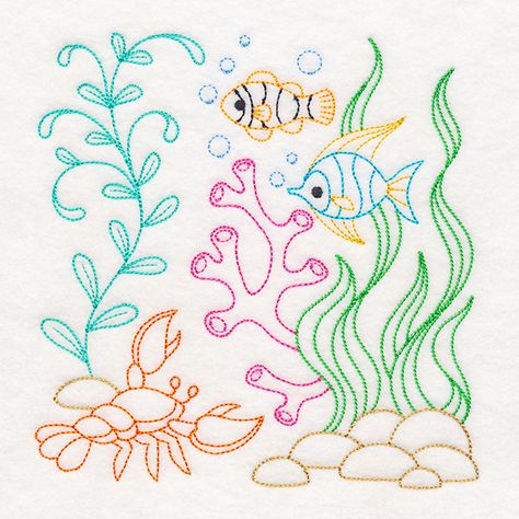 Motif Sulam, Shell Embroidery, Library Embroidery, Ocean Adventure, Learning To Embroider, Embroidery Designs Machine, Waffle Weave Towels, Machine Pattern, Learn Embroidery