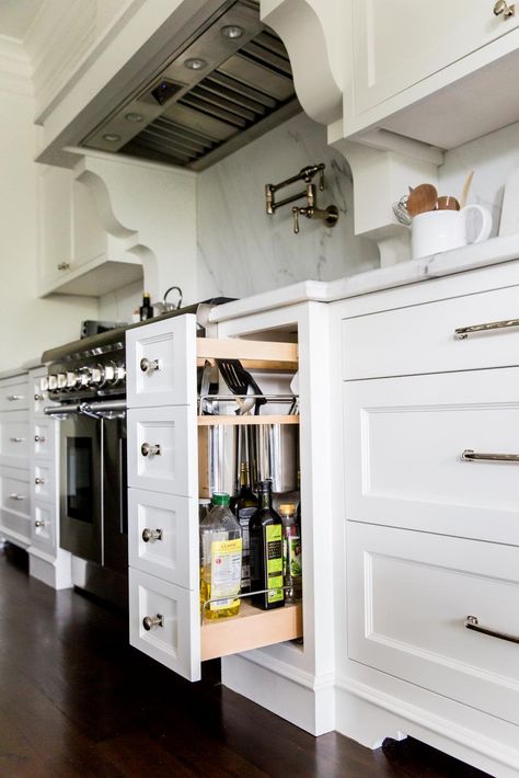 Functional storage is just as important as pretty cabinetry. This pull out utensil and spice storage camouflaged as drawers is both. Spice Kitchen Design, Spice Storage Drawer, Farm Retreat, Provence Kitchen, Kitchen Cabinet Organizers, Hgtv Kitchens, Functional Kitchen Island, Cocina Ideas, Island Storage