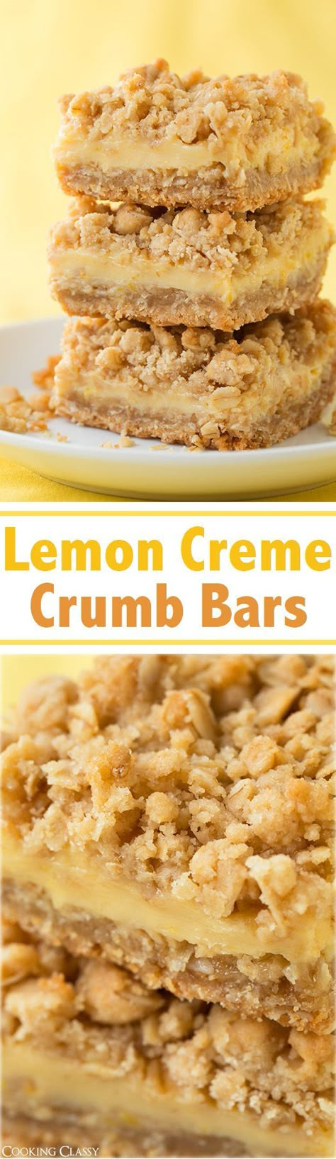 ~~Lemon Creme Crumb Bars | Imagine a thick crumb bar with two layers similar to the struesel on top of a muffin, then picture sandwiching those layers together with a lemon creme filling that is similar to a lemon bar. These are probably my favorite bars I've ever had (these and creme brulee cheesecake bars). So amazingly good!! | Cooking Classy~~ Creme Brulee Cheesecake Bars, Brulee Cheesecake, Lemon Desserts Easy, Creme Filling, Lemon Creme, Crumb Bars, Lemon Bar, Eagle Brand, Cooking Classy