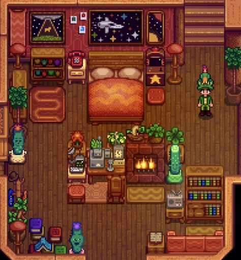 Stardew Valley Tea Room Design, Fish Ponds Stardew Valley, Stardew Valley Retro Catalogue, Dark Academia Stardew Valley House, Stardew Living Room Ideas, Stardew Dining Room, Riverland Farm Stardew Valley, Stardew Valley Furnace, Stardew Valley 1.6 House Interior