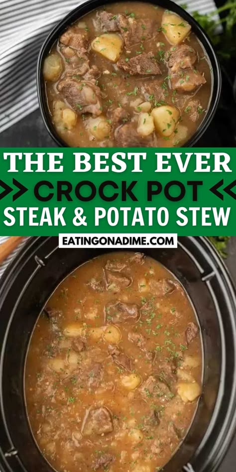 Crock pot steak and potato stew recipe (and VIDEO) - Steak Beef Stew Crock Pot Stew Meat, Crock Pot Stew Meat Recipes, Steak Soup Recipes, Crock Pot Steak, Easy Slow Cooker Meal, Crock Pot Stew, Chicago Visit, Steak Soup, Beef And Potato Stew