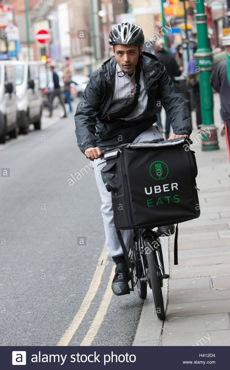 Download this stock image: Ubereats uber eats, delivery cyclist, Brick Lane, London - H412D4 from Alamy's library of millions of high resolution stock photos, illustrations and vectors. Uber Eats, Man Bike, Food Ads, Brick Lane, Food Delivery, Delivery Man, Hot Cars, Delivery Service, Dolphins