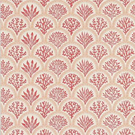 Coralli Wallpaper in Red/Indigo by Jane Churchill Coral Bathroom Decor, Hall Wallpaper, Jane Churchill, Coral Wallpaper, Scallop Design, Vertical Pattern, Coral Pattern, Hamptons Style, Cozy Room Decor