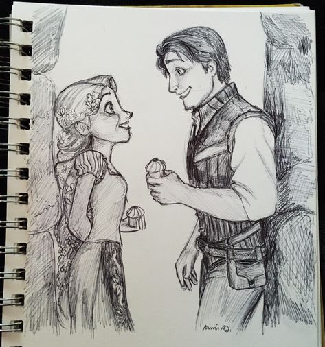 Pen drawing of Rapunzel and Flynn Rider from “Tangled”.  Support me on: https://ko-fi.com/artsyannieg Tangled Pencil Drawing, Tangled Sketches Rapunzel, Flynn Rider Sketch, Rapunzel And Flynn Drawing, Flynn Rider Drawing, Tangled Sketches, Movie Sketchbook, Rapunzel Y Flynn, Rapunzel Sketch