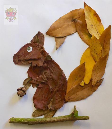 A squirrel made from natural materials - by The Nippers Nature & Nutrition Box. Squirrel Toddler Craft, Squirrels And Acorns Preschool Crafts, Squirrel Activities For Toddlers, Squirrel Art Project, Acorn And Squirrel Activities, Creative Ice Cubes, Nutrition Activities, Activity Box, Leaf Drawing