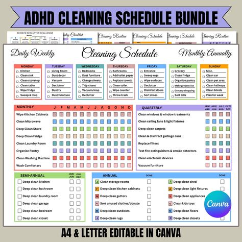 ADHD Cleaning Checklist Bundle, ADHD Cleaning Planner, ADHD Chore Chart, Deep Cleaning Cards, Cleaning Schedule, Family Chore Chart Introducing our ADHD Cleaning Checklist Bundle, your ultimate companion for staying organized and efficient. This bundle includes both prefilled and blank checklists tailored to help individuals navigate through daily cleaning tasks with ease. Whether you prefer a ready-made checklist or desire to customize your own, this bundle offers flexibility to suit your uniqu Cleaning Charts For Adults, Weekly Chore Chart For Adults Cleaning Schedules, Chore Schedule For Adults, Chore Chart For Adults Diy, Adult Chore Chart Ideas, Declutter Checklist Printables Free, Cleaning Chart For Adults, Chore Charts For Adults, Chore List For Adults