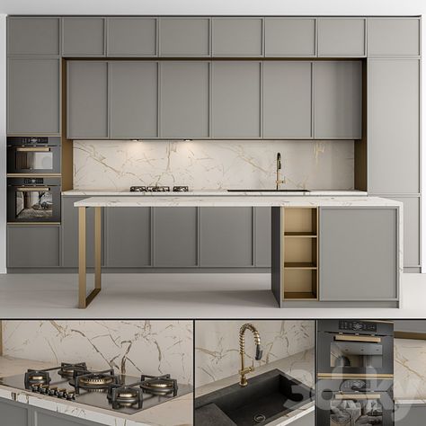 Kitchen Modern - Gray and Gold Cabinets 85 - Kitchen - 3D model Light Grey And Gold Kitchen, Grey Gold Kitchen, Light Grey Kitchen Cabinets Modern, Light Grey Kitchen, Light Grey Kitchen Cabinets, Light Grey Kitchens, Kitchen 3d, Gold Kitchen, Oak Kitchen