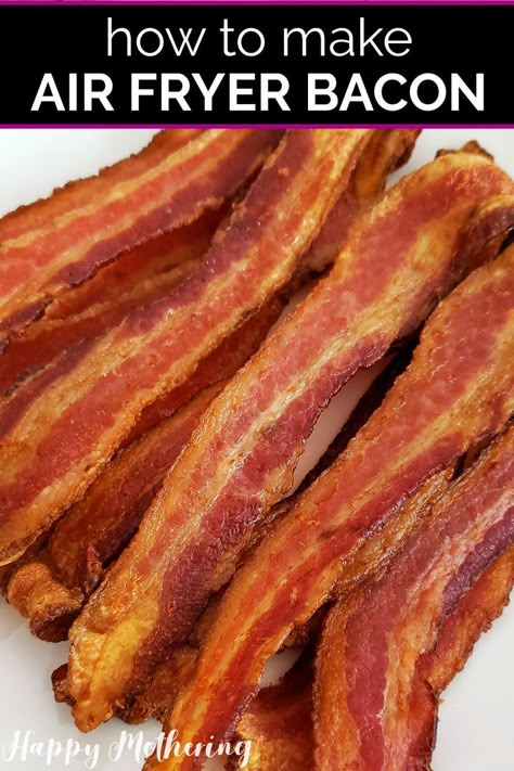 Air fried bacon on plate. Cook Bacon In The Air Fryer, Bacon In Air Fryer How To Cook, Air Fryer Bacon Crispy, Air Fried Bacon, Bacon In Air Fryer, Airfryer Potatoes, Bacon In The Air Fryer, Air Fry Bacon, Fried Bacon