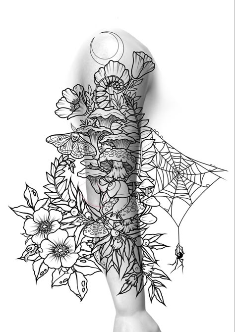 Mushroom And Flowers Tattoo Sleeve, Spooky Floral Sleeve Tattoo, Whimsical Leg Sleeve, Wildlife Leg Sleeve Tattoo, Moth And Flowers Tattoo Design, Majestic Tattoos For Women, Thigh Piece Tattoo For Women Unique, Sleeve Concepts Tattoo, Witchy Botanical Tattoo