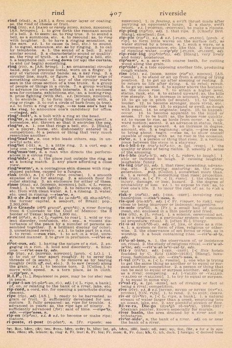 FREE vintage dictionary page! Letter R, full text, rind-riverside. Perfect for DIY and craft projects! #vintage #vintagebookpage #dictionarypage #vintagedictionary | https://www.roseclearfield.com Papel Vintage, Free Vintage Printables, Vintage Text, Dictionary Page, Vintage Newspaper, Vintage Dictionary, Old Book Pages, Bullet Journal Stickers, Vintage Journal