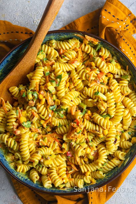 Curry Pasta Salad - Indian Salad Recipes - Sanjana.Feasts Cold Pasta Salad Dinner Recipes, Curry Macaroni Salad, Easy Vegetarian Pasta Salad, Curry Pasta Salad Recipes Cold, Curry Pasta Salad Recipes, Vegetarian Pasta Salad Recipes Cold, Indian Pasta Salad, South African Pasta Salad Recipes, Curry Salad Recipes