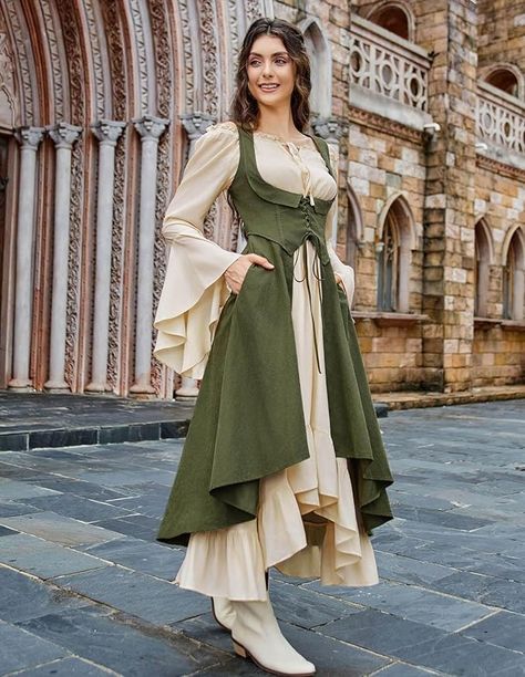 Amazon.com: Scarlet Darkness Women Renaissance Costume Pirate Overdress Medieval Underbust Dress Army Green S : Clothing, Shoes & Jewelry Fantasy Formal, Underbust Dress, Medieval Women Dress, Medieval Attire, Fantasy Attire, Scarlet Darkness, Sage Green Maxi Dress, Medieval Outfit, Costume Pirate