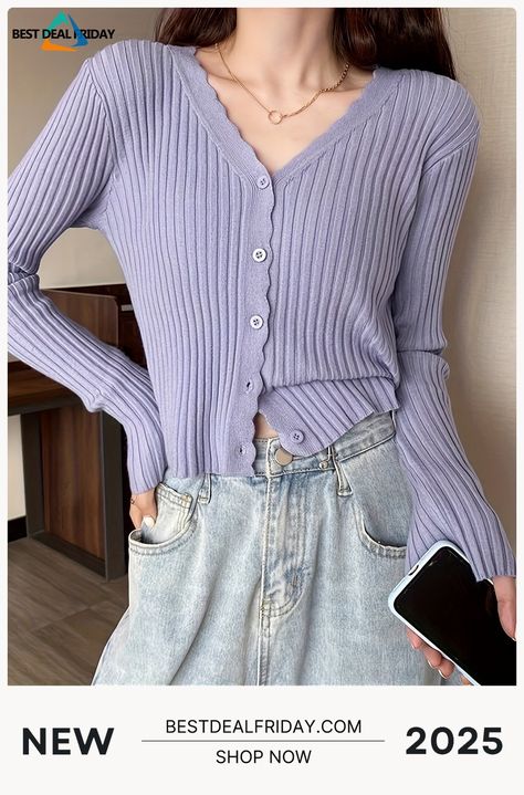 Solid Button Down Rib Knit Cardigan, Elegant Long Sleeve Slim Sweater for Spring & Fall, Women's Clothing Rib Knit Cardigan, Slim Sweater, Fall Outfits Women, Spring And Fall, Knit Cardigan, Rib Knit, Button Downs, Women's Clothing, Knitting